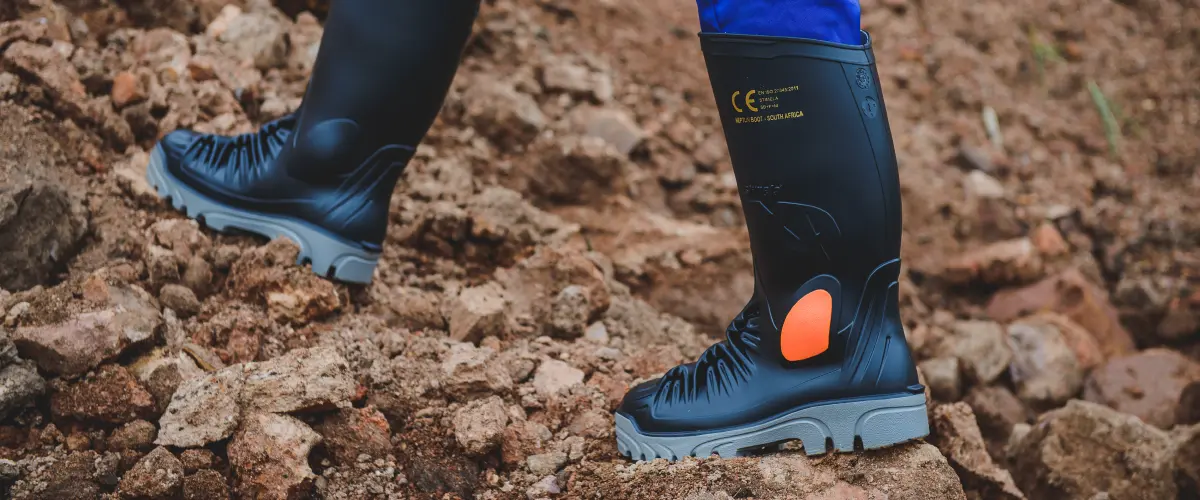 Heavy-duty steel-toed safety boots worn by a mining worker on a rocky mine surface